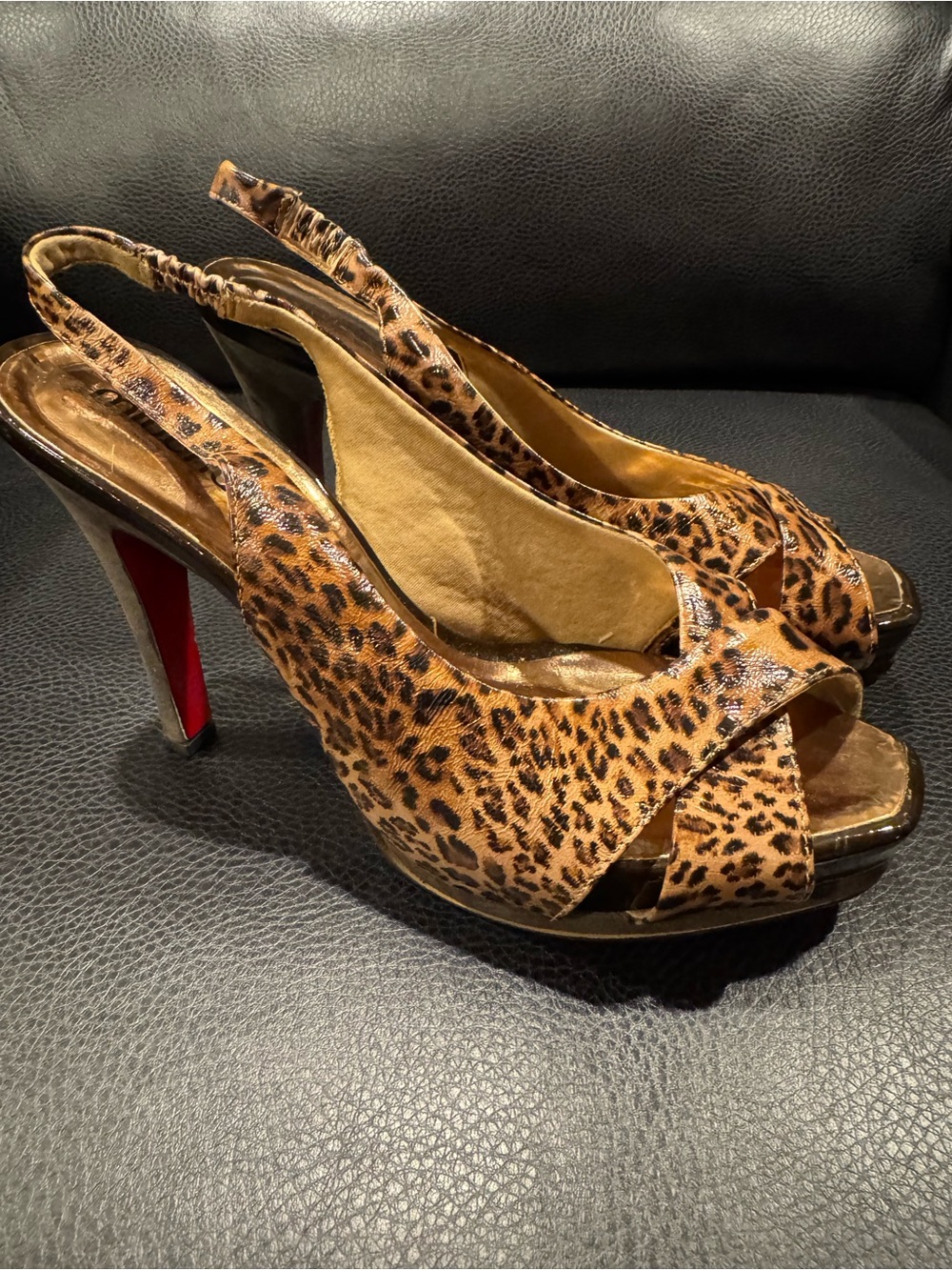 Leopard Print Peep-Toe Slingback Heels - Brown